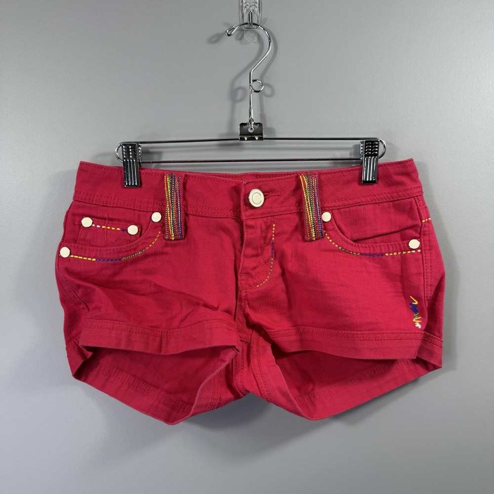 Y2K COOGI Shorts Girls 5/6 Red Denim Embroidered Pockets Summer Rainbow